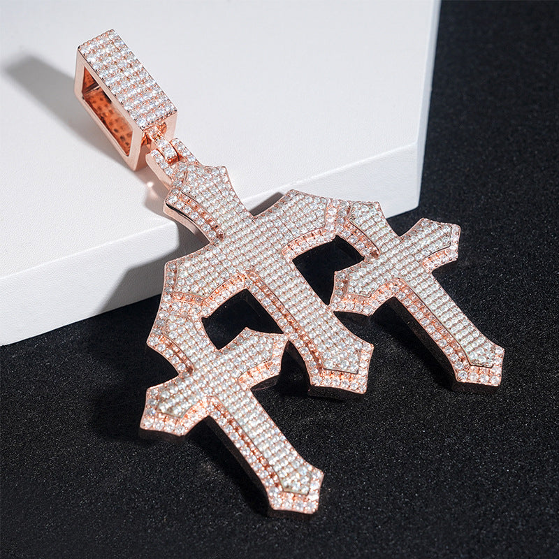 GL Triple Cross Hip Hop Silver Brillant Moissanite Pendant