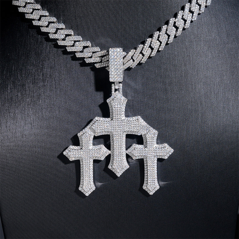 GL Triple Cross Hip Hop Silver Brillant Moissanite Pendant