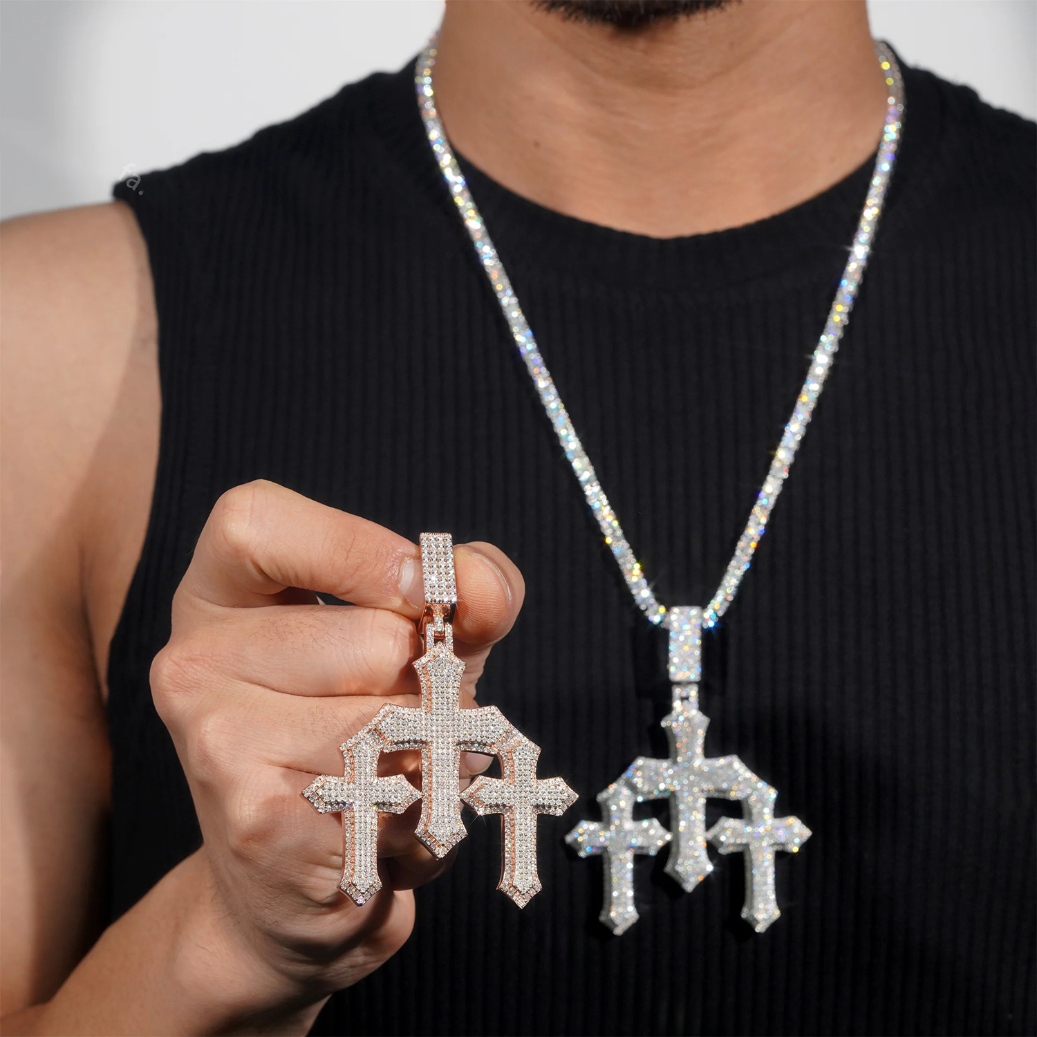 GL Triple Cross Hip Hop Silver Brillant Moissanite Pendant Main image