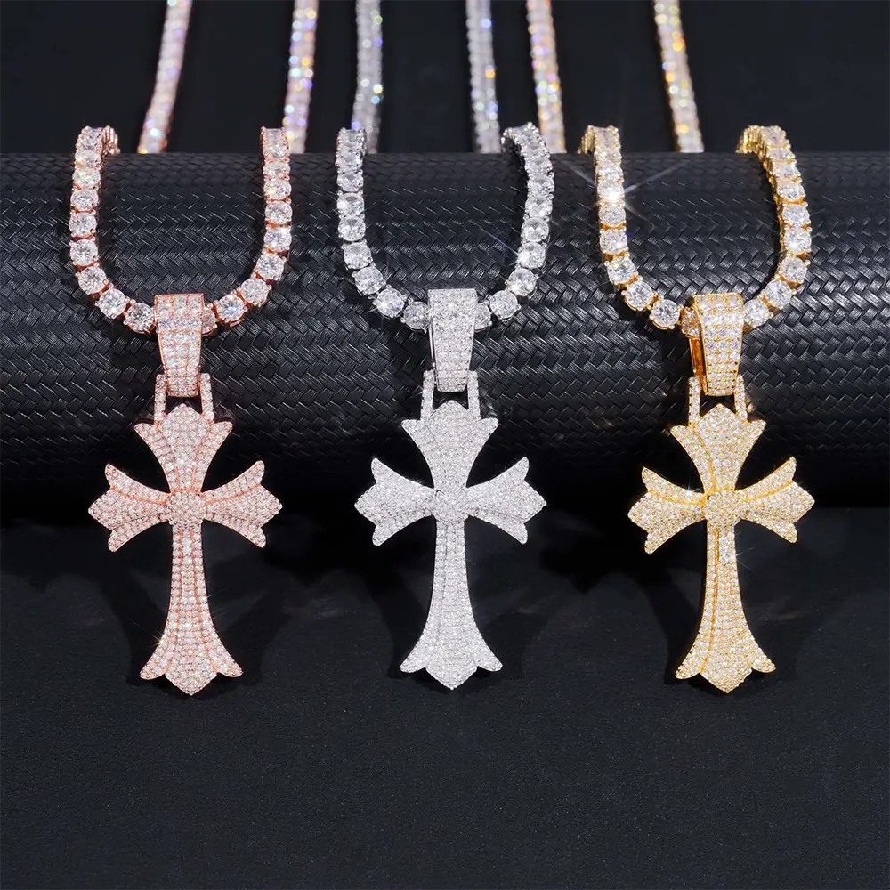 Fully Iced S925 Silver VVS Moissanite Fleur Cross Pendant