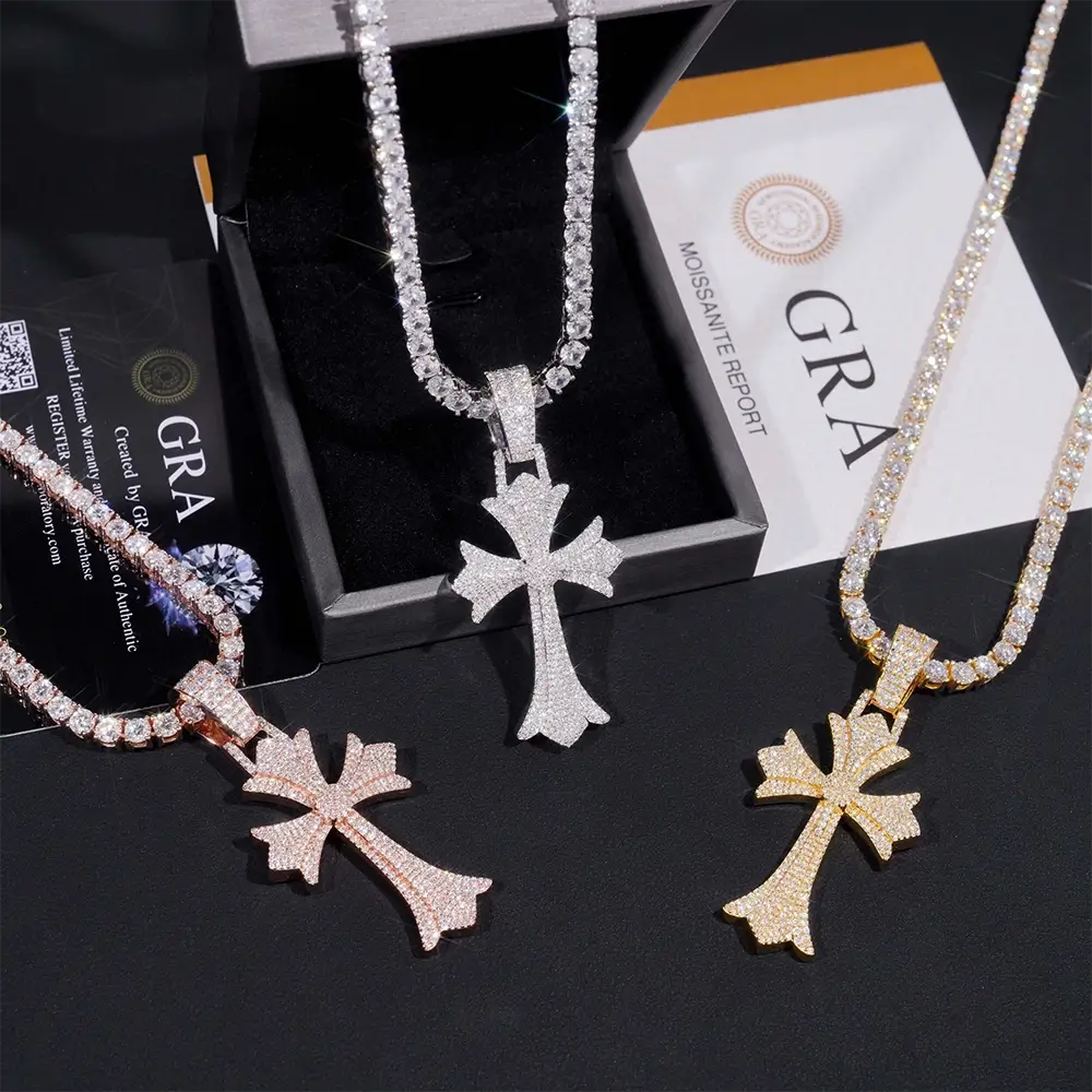 Fully Iced S925 Silver VVS Moissanite Fleur Cross Pendant
