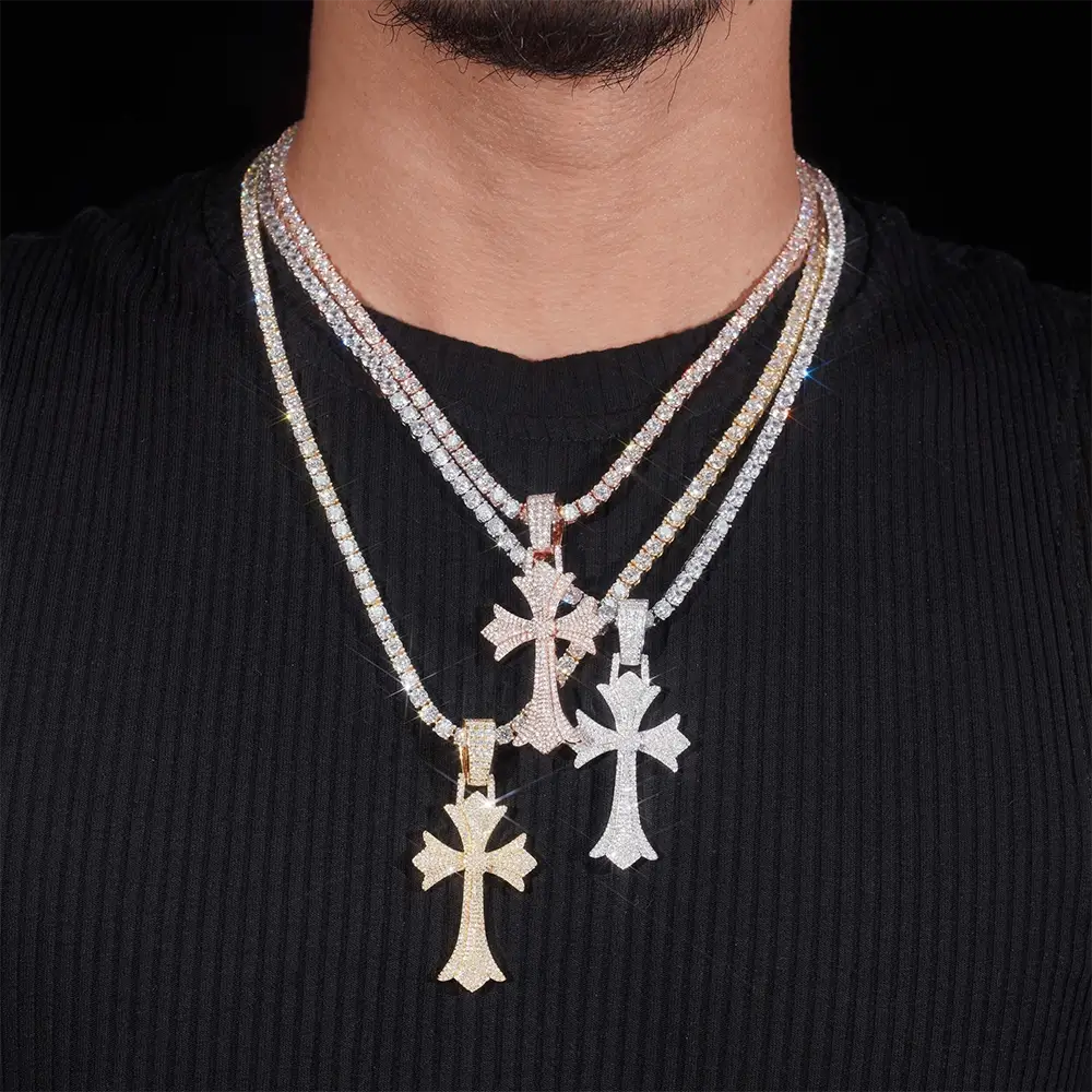 Fully Iced S925 Silver VVS Moissanite Fleur Cross Pendant Main image