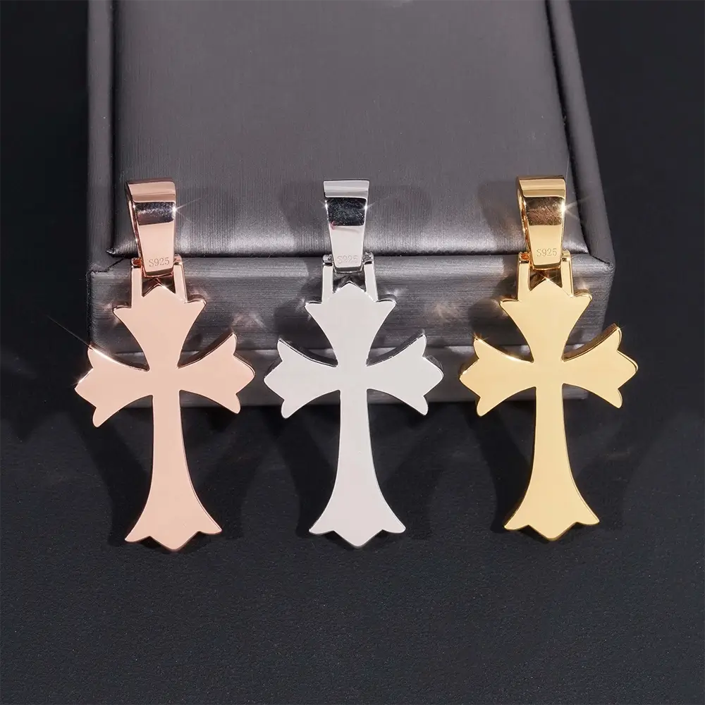 Fully Iced S925 Silver VVS Moissanite Fleur Cross Pendant