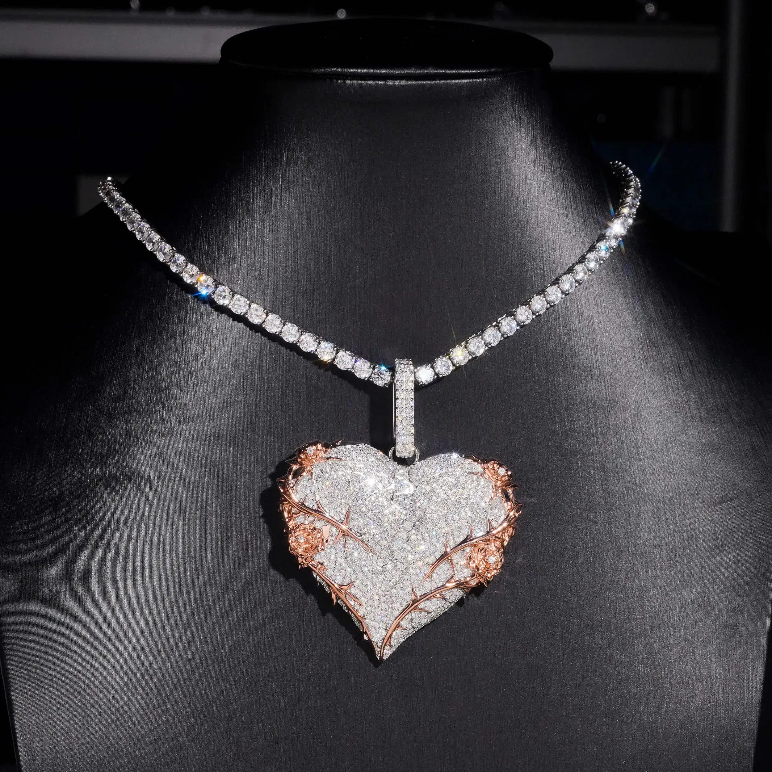 VVS Moissanite Heart-Shaped Rose and Thorn Pendant