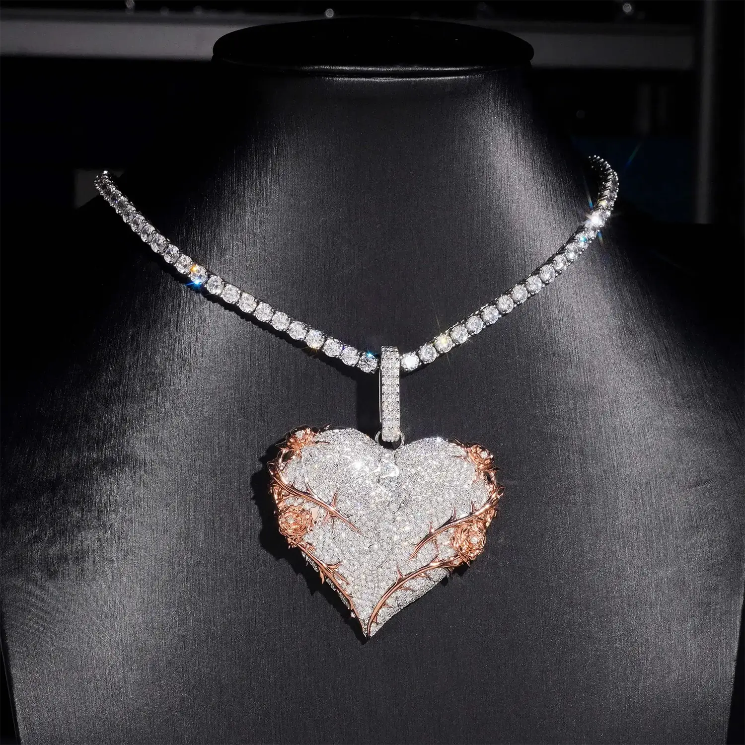 VVS Moissanite Heart-Shaped Rose and Thorn Pendant