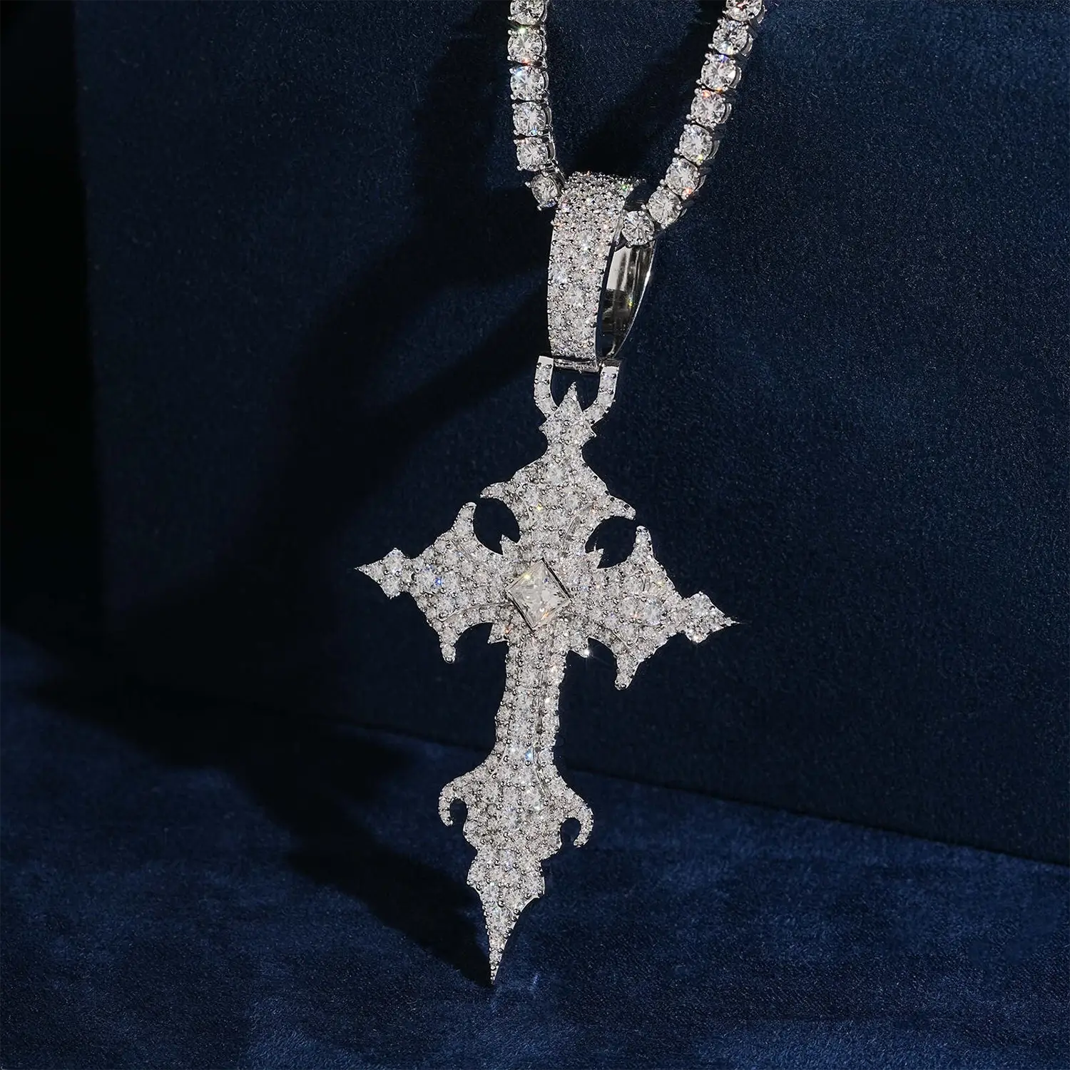Square Princess Stone Vintage VVS Moissanite Cross Pendant