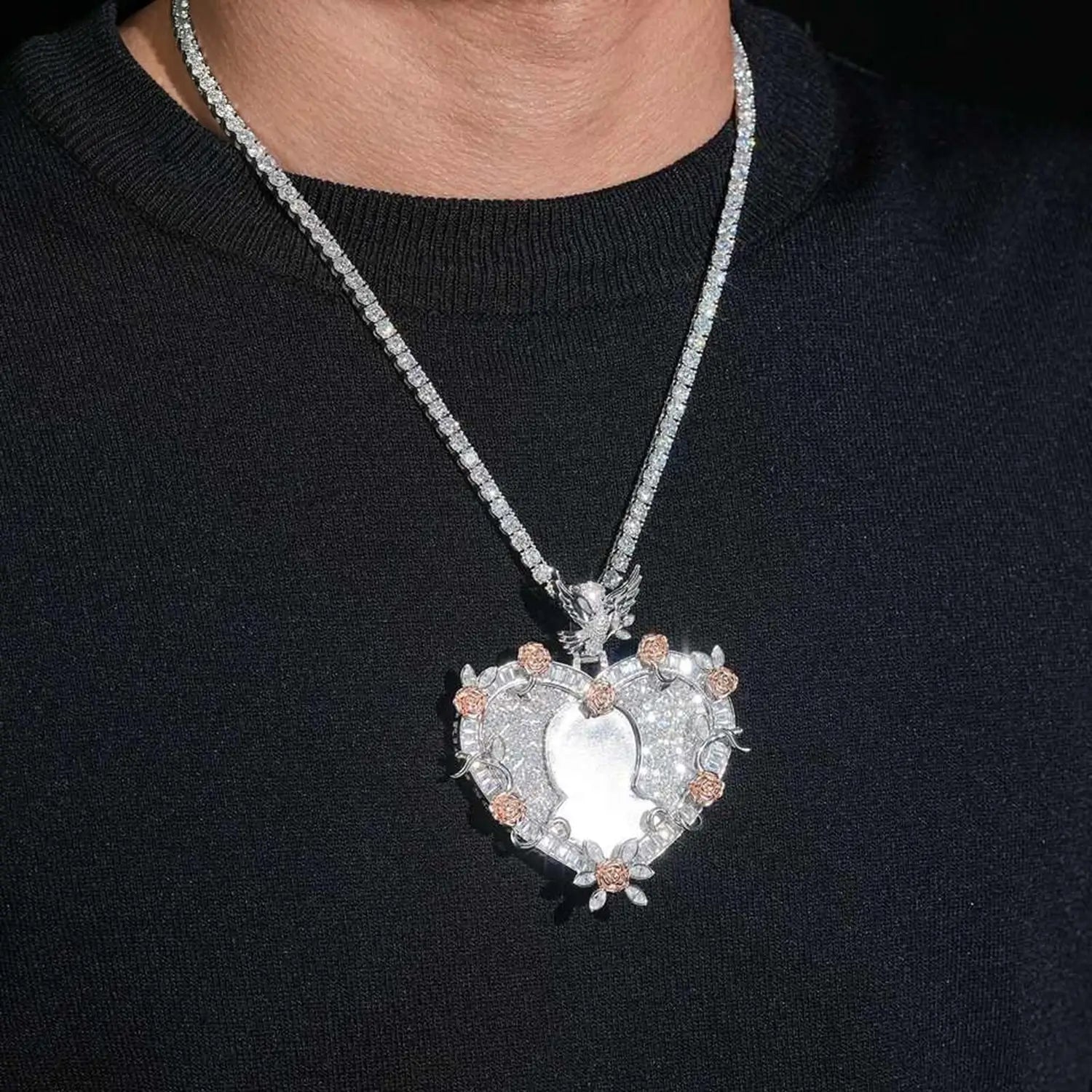 3D Rose Heartful Heart Shape VVS Moissanite Photo Pendant Main image