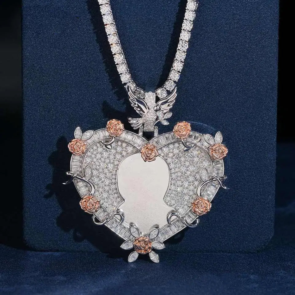 3D Rose Heartful Heart Shape VVS Moissanite Photo Pendant