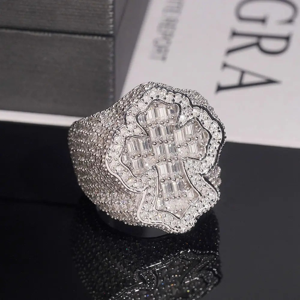 GL Hip Hop Cross Ring Fine Jewelry S925 Silver VVS Baguette Moissanite Cross Cuban Ring
