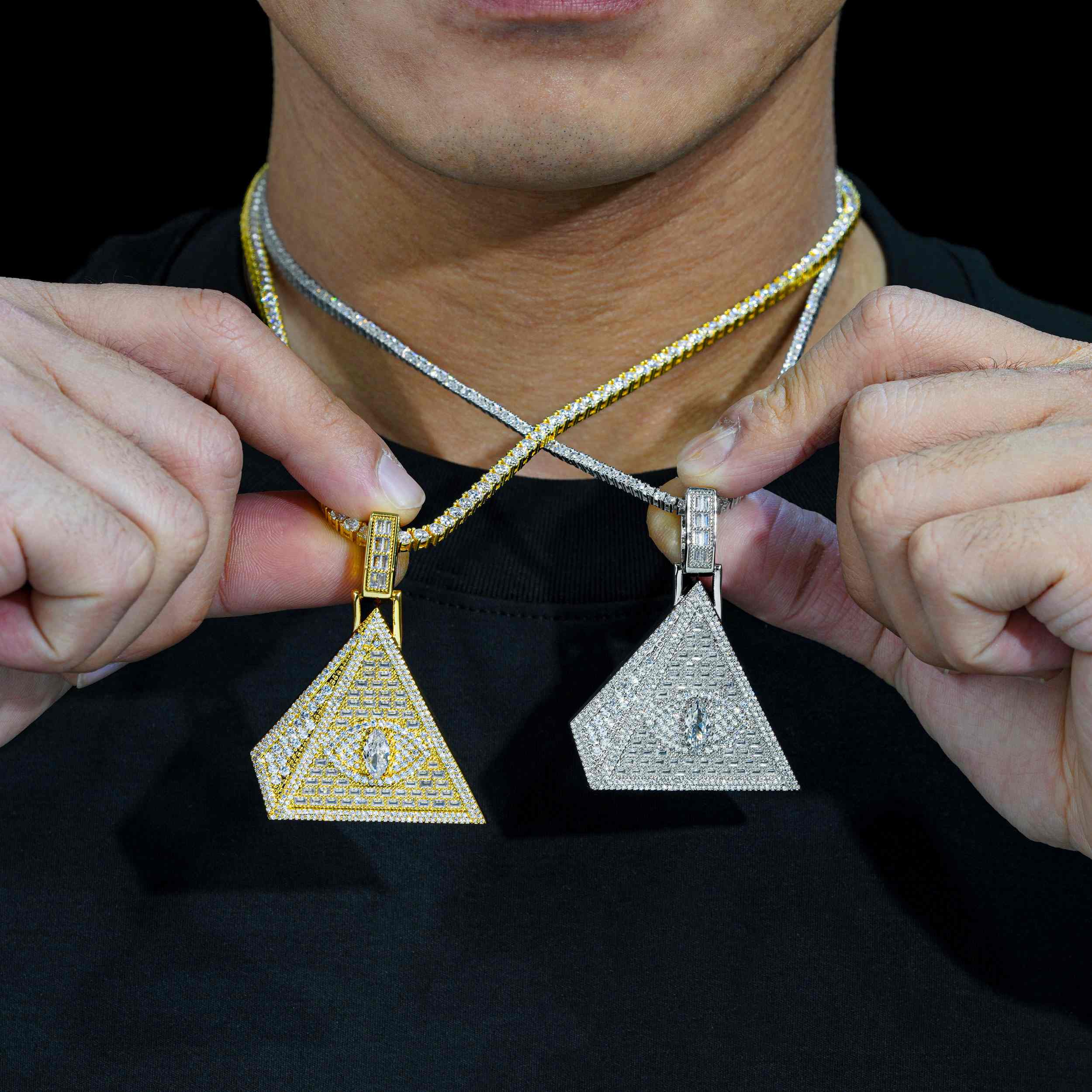 Eye Perspective Triangular Pyramid Brass Zircon Pendant