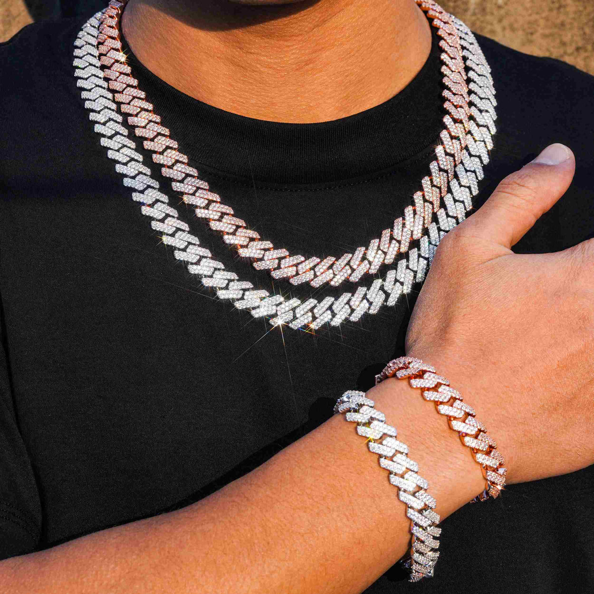 GL 13mm 925 Sterling Silver Double row drill Zircon Cuban Link Chain