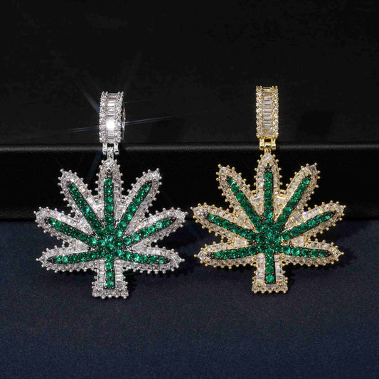 Leaf pendant round green diamond and emerald cut