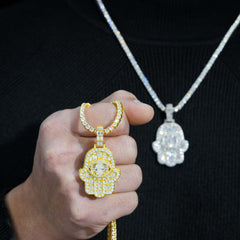 GL Iced Out Hand of Fatima Brass 5A+ Diamond Pendant