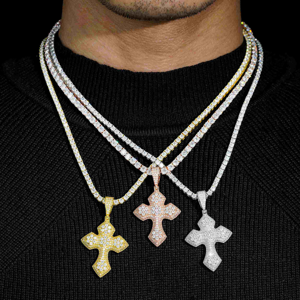GL Iced Out Layered Cross Brass 5A+ Diamond Pendant