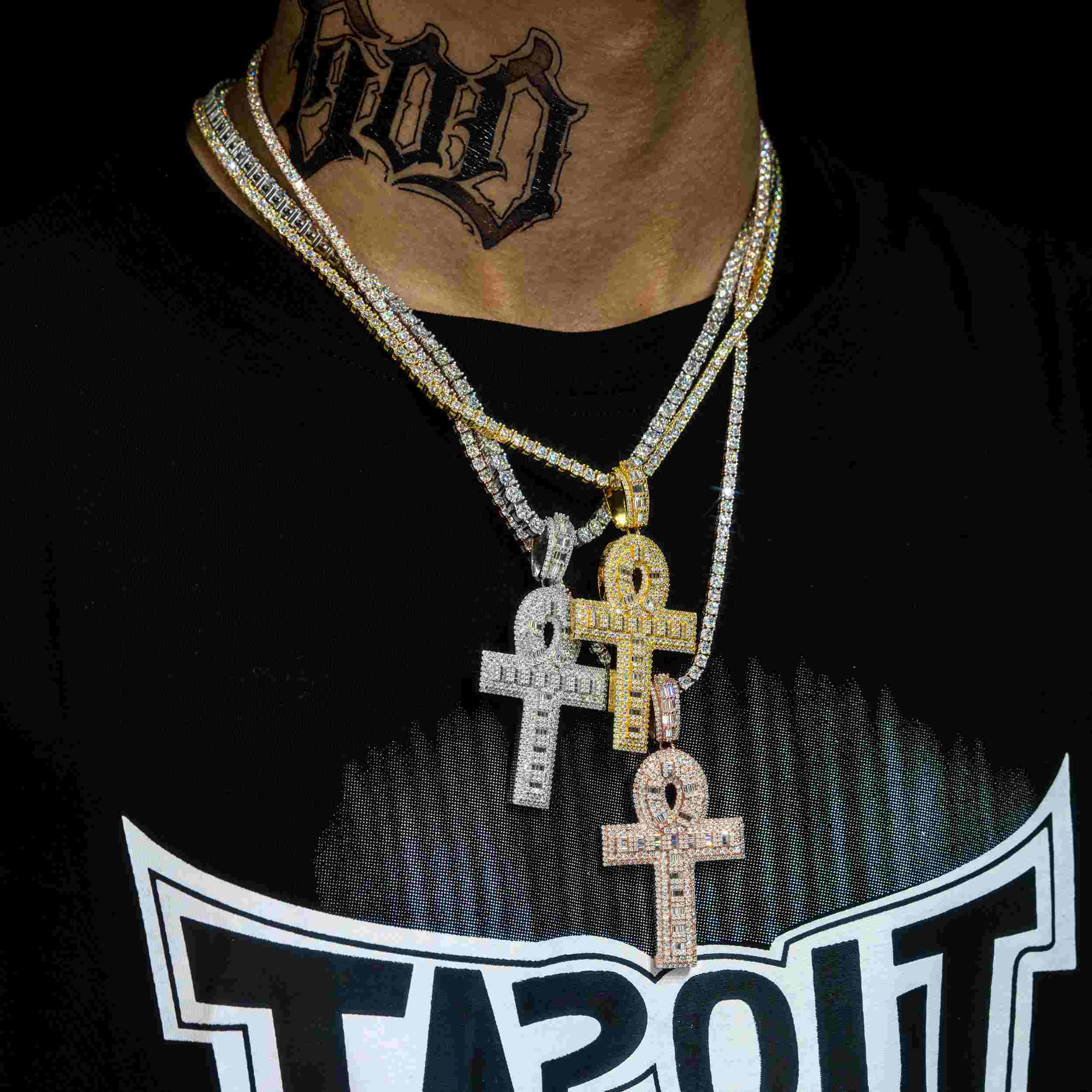 GL Ankh Silver VVS Emerald Cut Moissanite Diamond Cross Pendant Main image