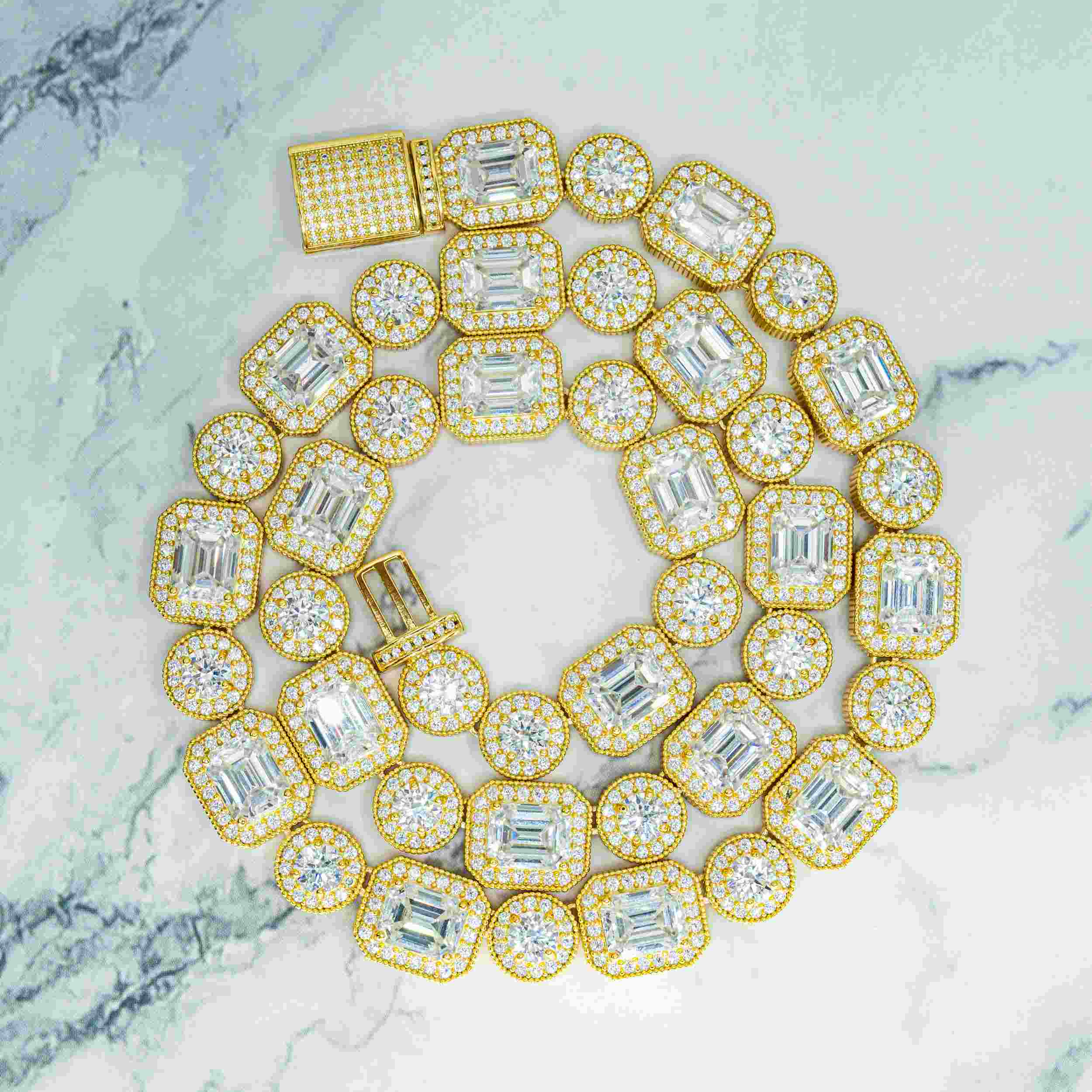 12MM Round&Rmerald Cut VVS Moissanite Luxury Cuban Chain Necklace