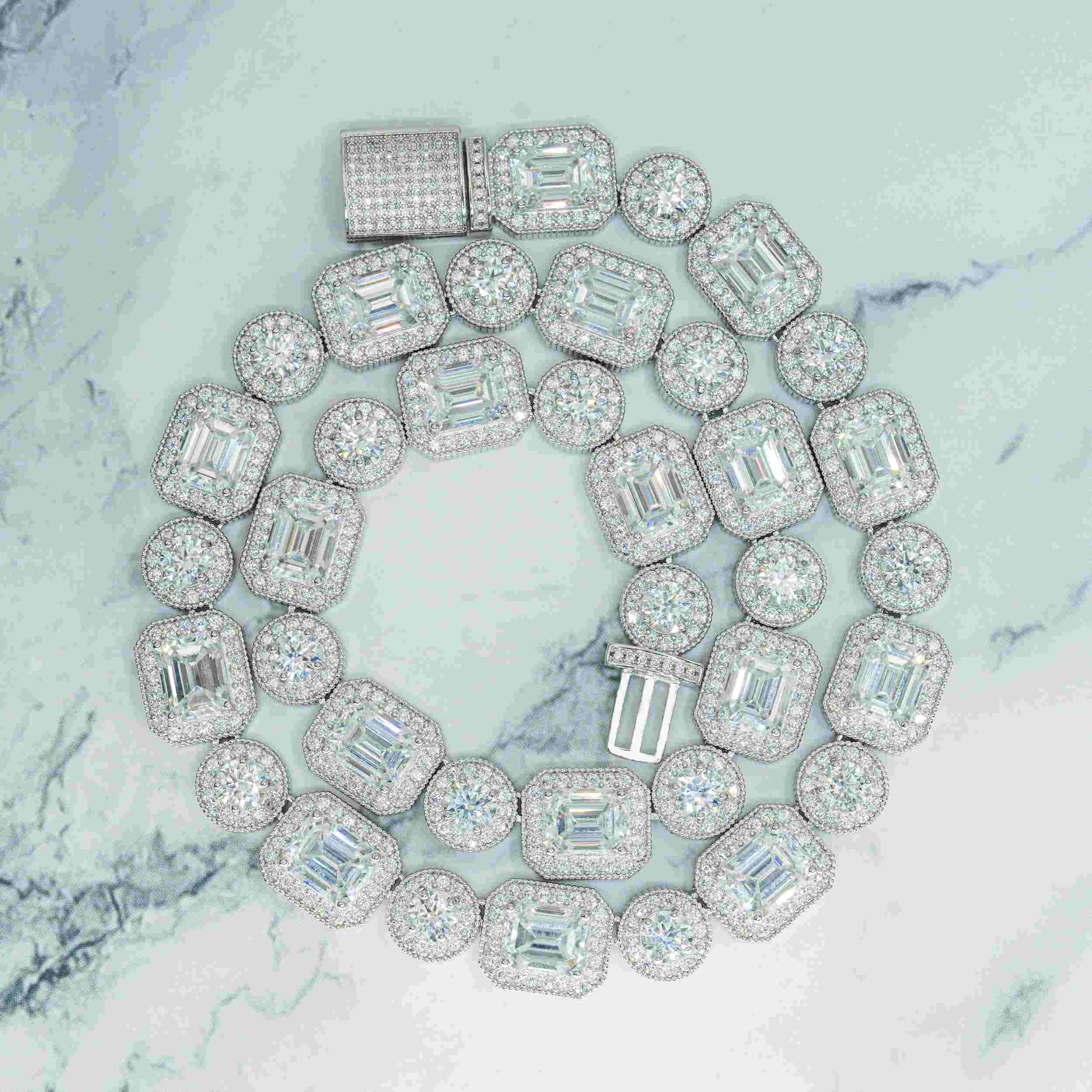 12MM Round&Rmerald Cut VVS Moissanite Luxury Cuban Chain Necklace