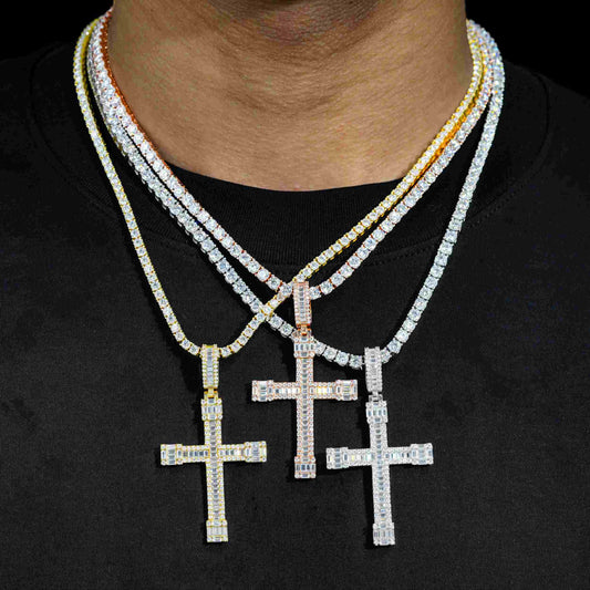 Pass Diamond Tester VVS Baguette Diamond Jewelry Hip Hop Iced Out Men Women Christian Jesus White Yellow Rose Gold Cross Pendant
