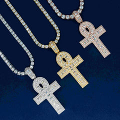 GL Ankh Silver VVS Emerald Cut Moissanite Diamond Cross Pendant