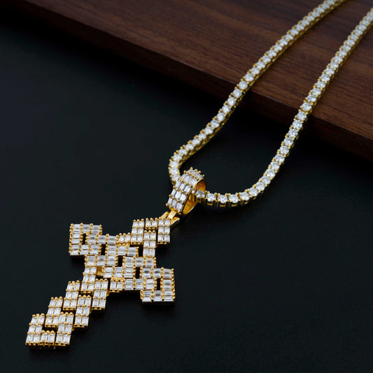 GL Full Baguette Diamond Cube Chian Style Hip Hop Custom Cross Pendant