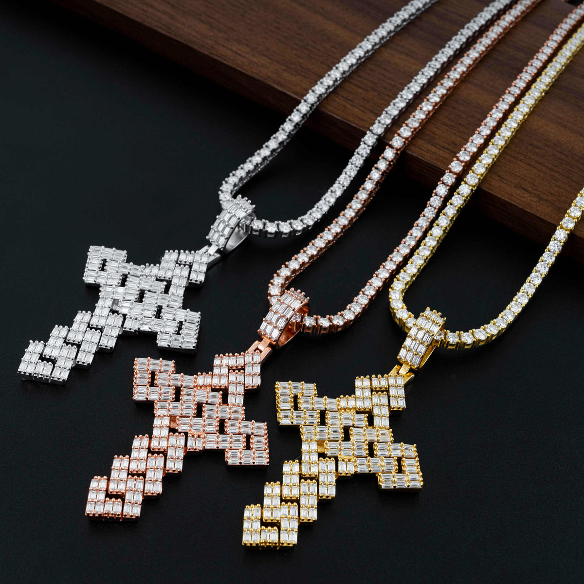 GL Full Baguette Diamond Cube Chian Style Hip Hop Custom Cross Pendant