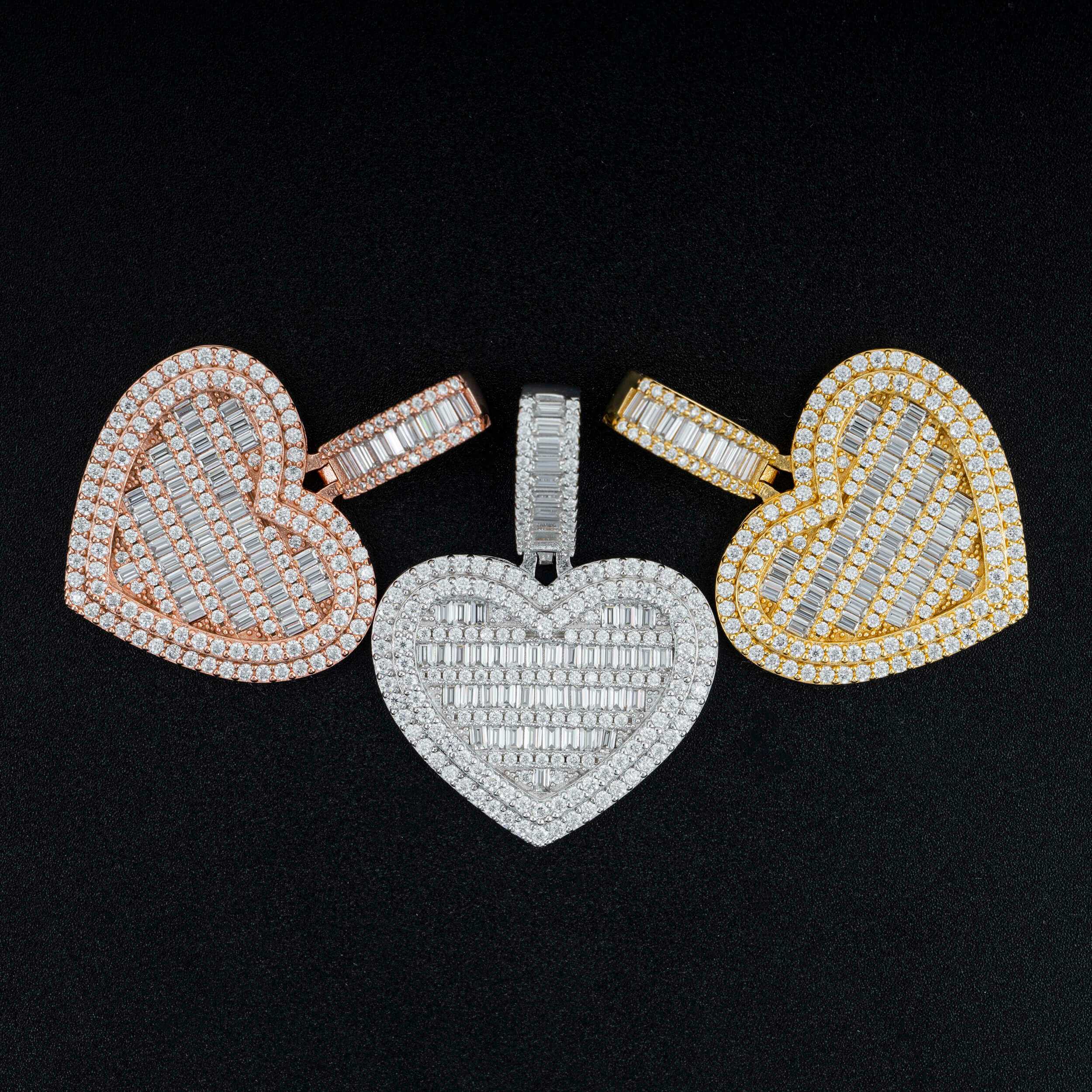 GL Heart Shape Double Halo S925 Silver Baguette Cut Moissanite Pendant