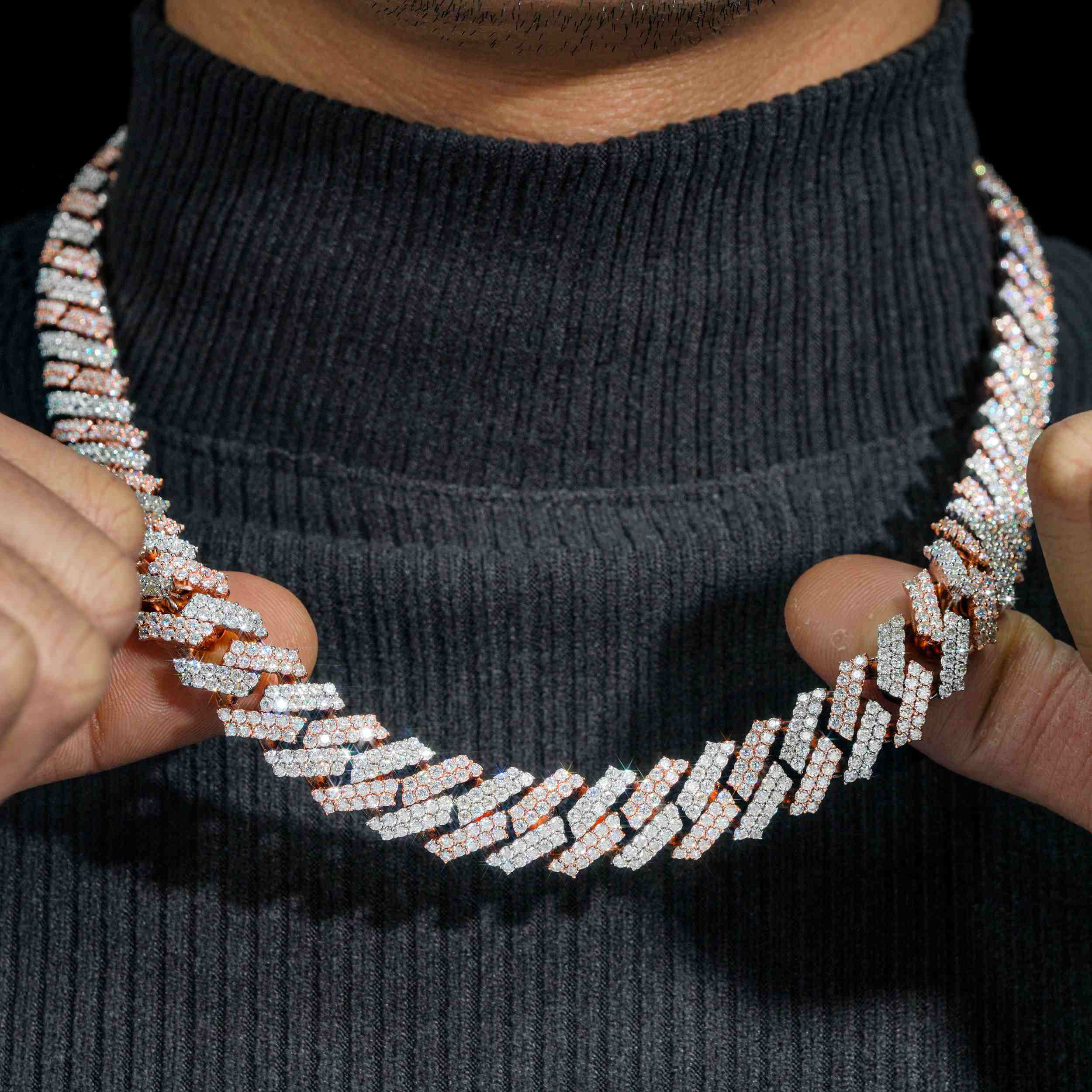 15MM S925 Silver 2 Rows VVS Moissanite Two Tone Cuban Link Chain