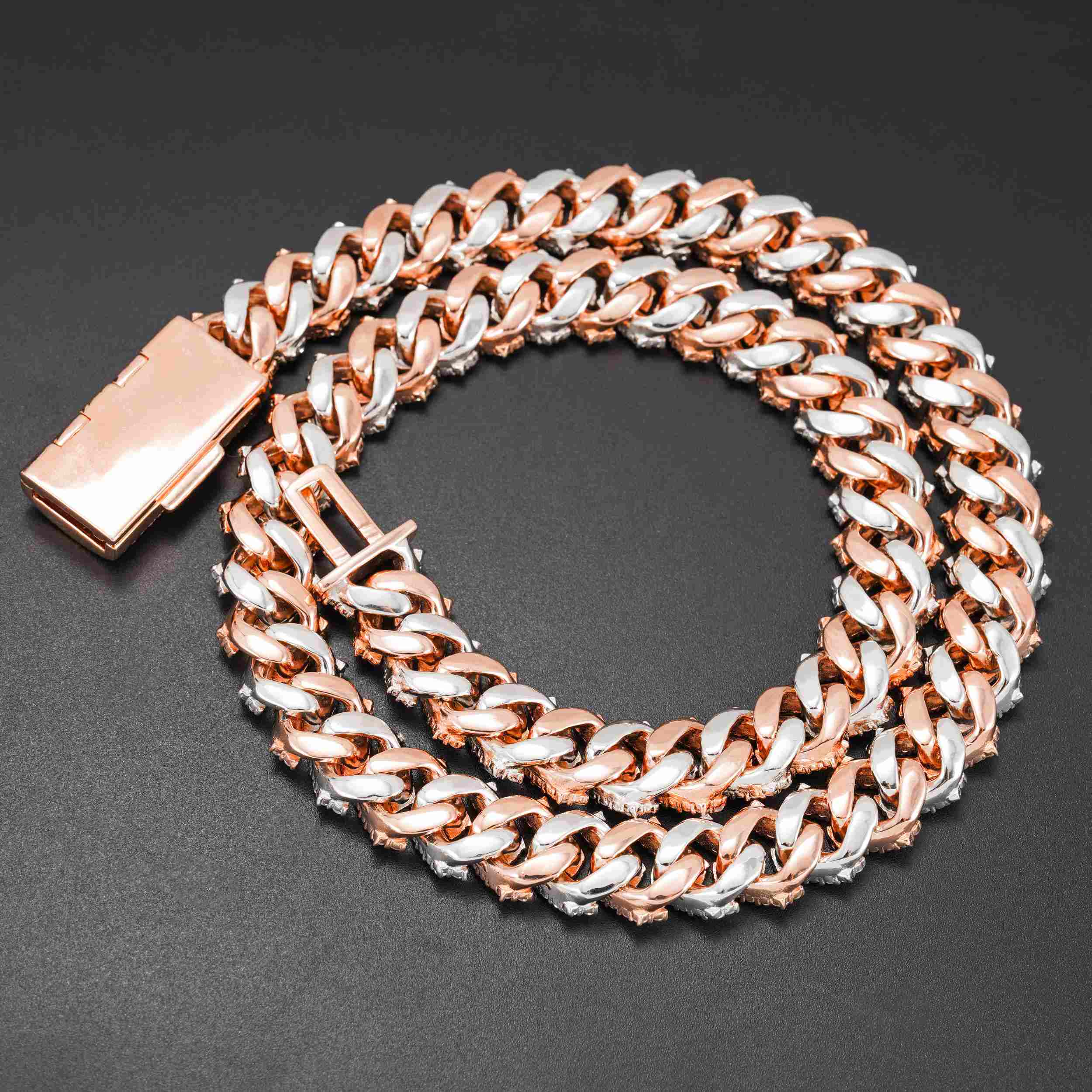15MM S925 Silver 2 Rows VVS Moissanite Two Tone Cuban Link Chain