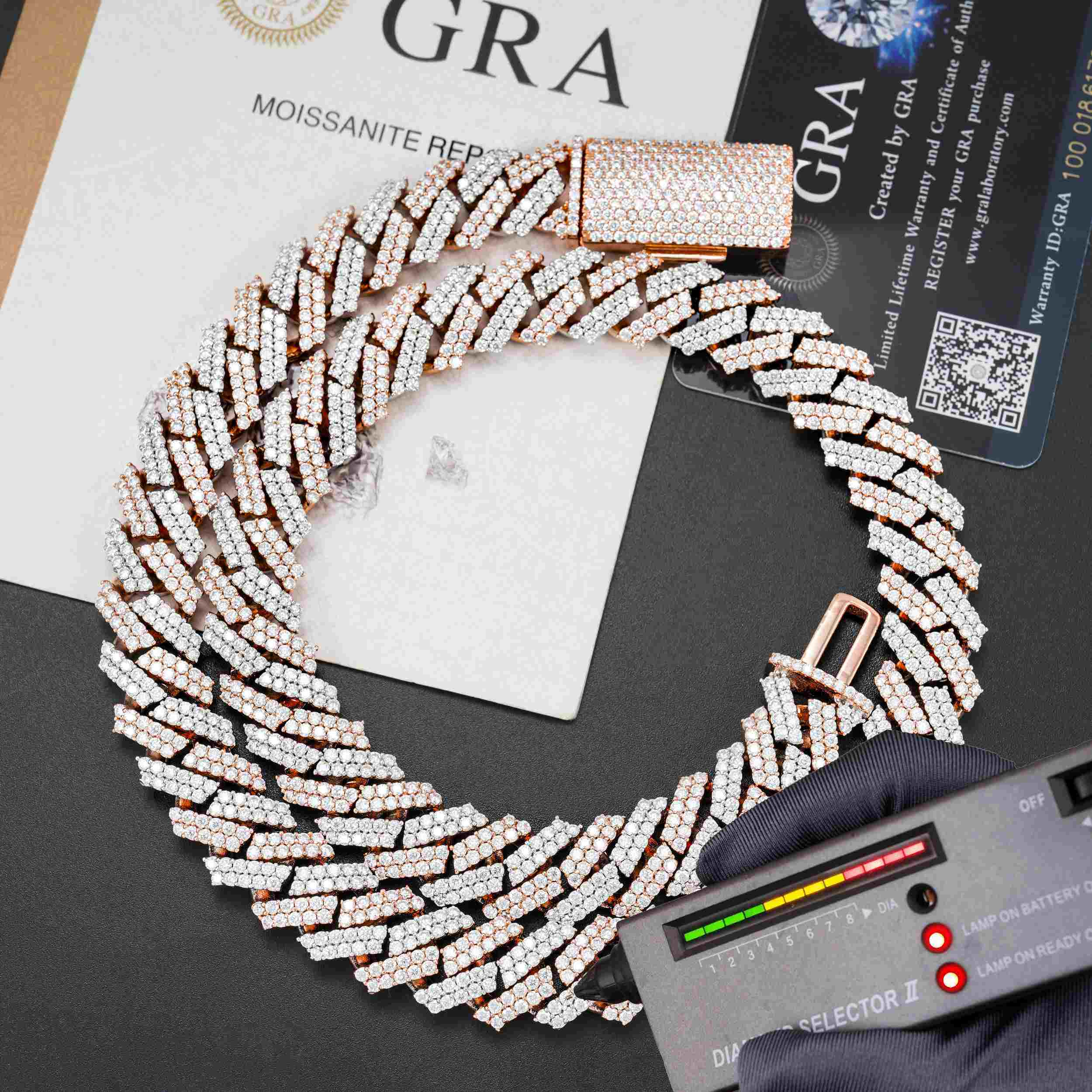 15MM S925 Silver 2 Rows VVS Moissanite Two Tone Cuban Link Chain