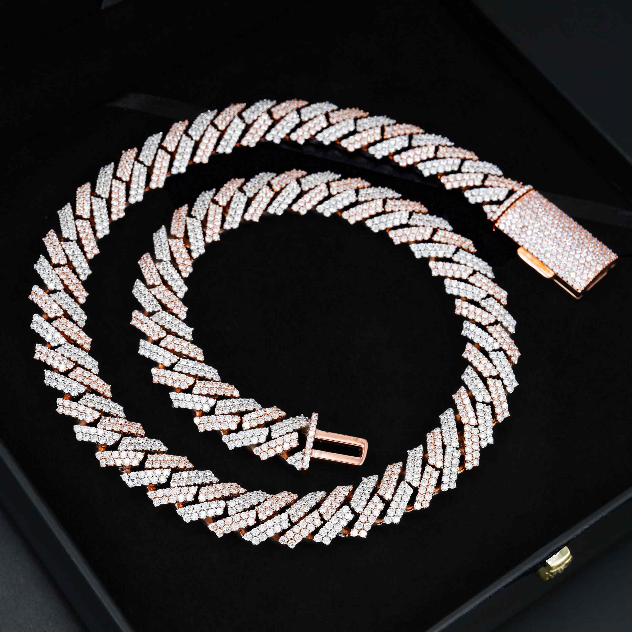 15MM S925 Silver 2 Rows VVS Moissanite Two Tone Cuban Link Chain