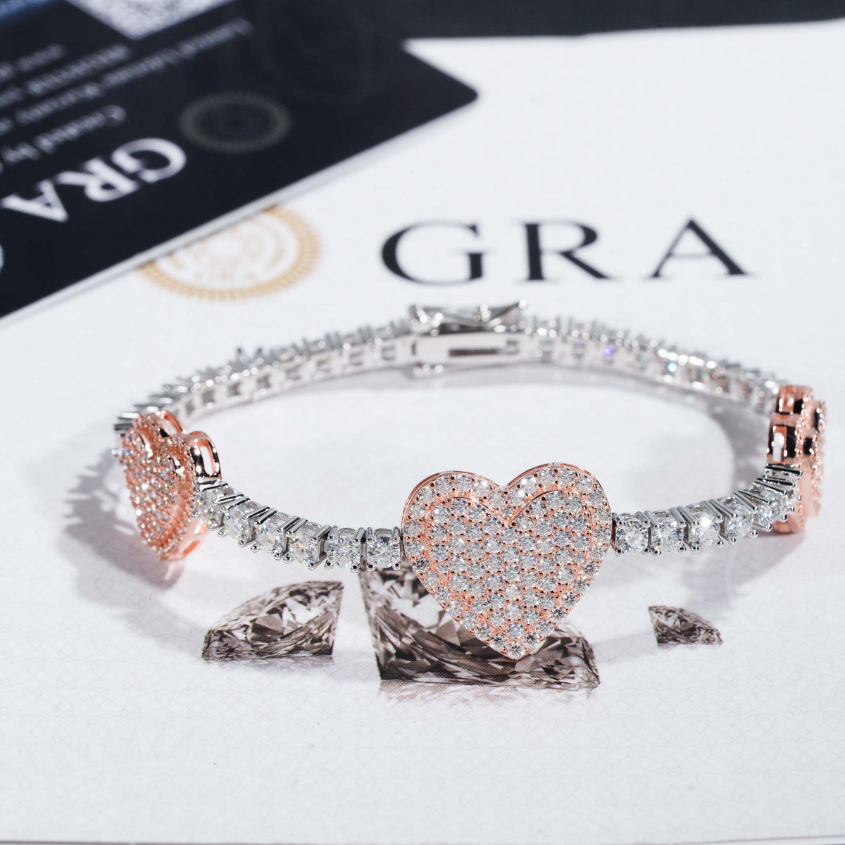GL Heart Shaped 925 Silver VVS Moissanite Bracelet 3mm Tennis Chain