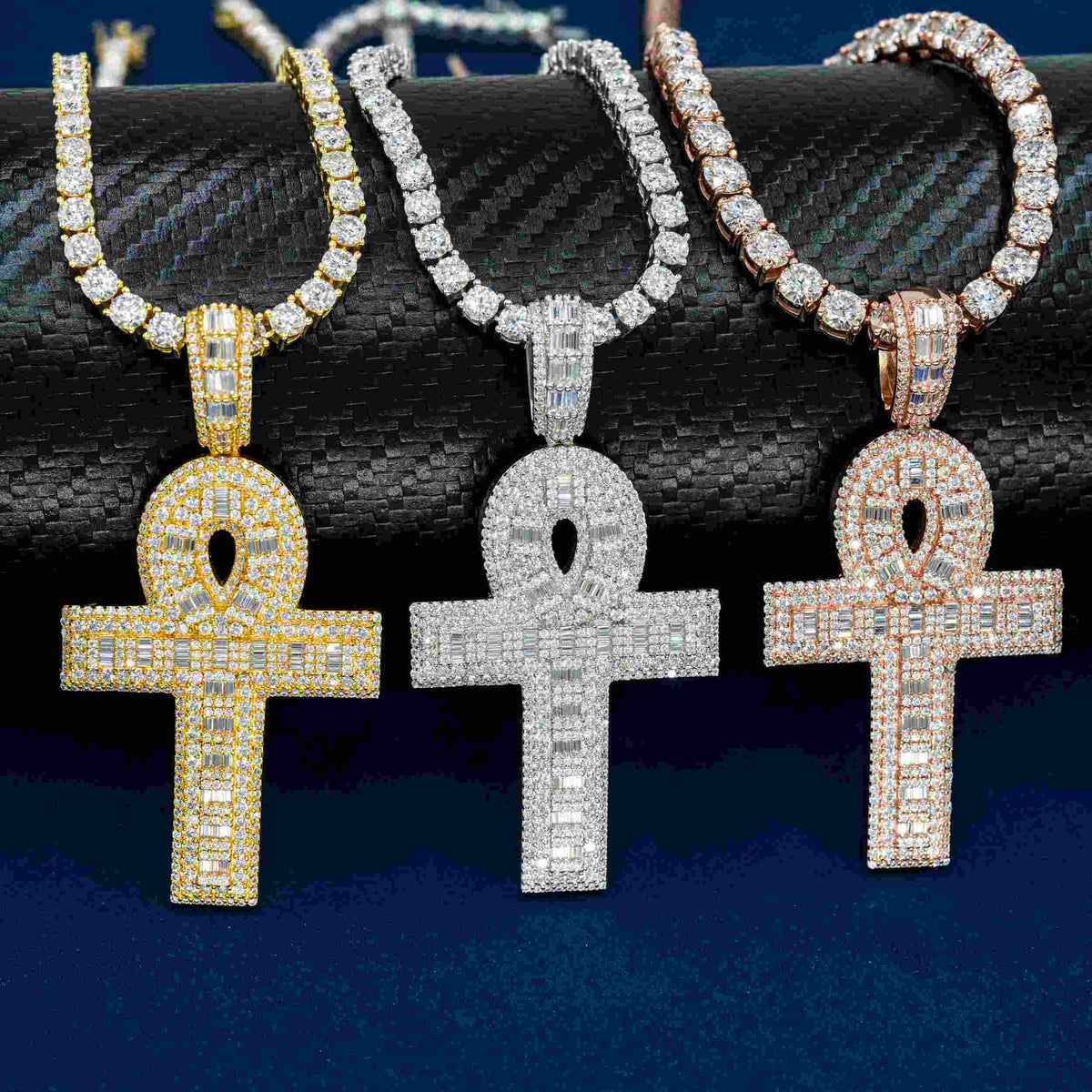 GL Ankh Silver VVS Emerald Cut Moissanite Diamond Cross Pendant