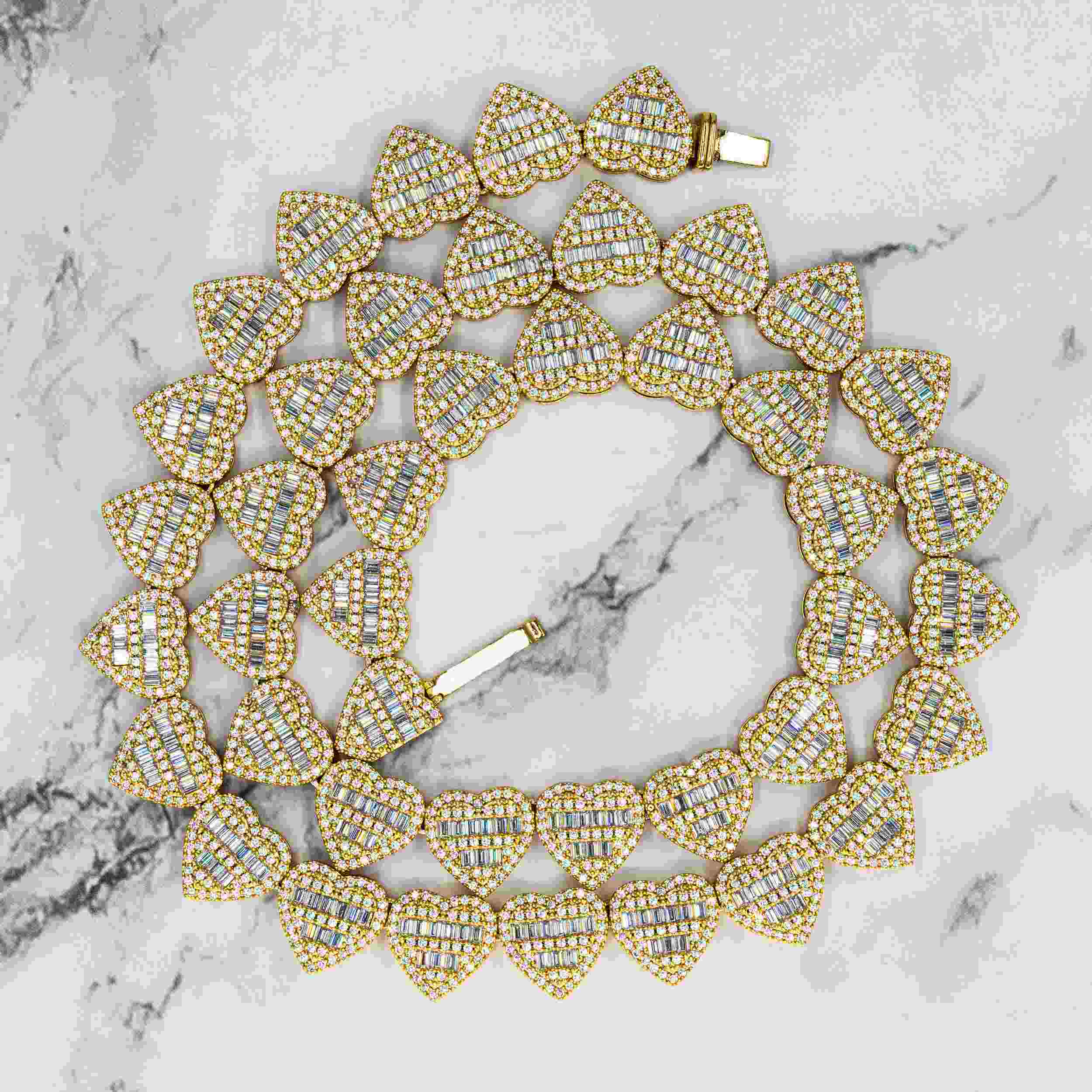 13MM S925 Silver Heart Shape Hip Hop Iced Out VVS Moissanite Baguette Diamond Cuban Chain