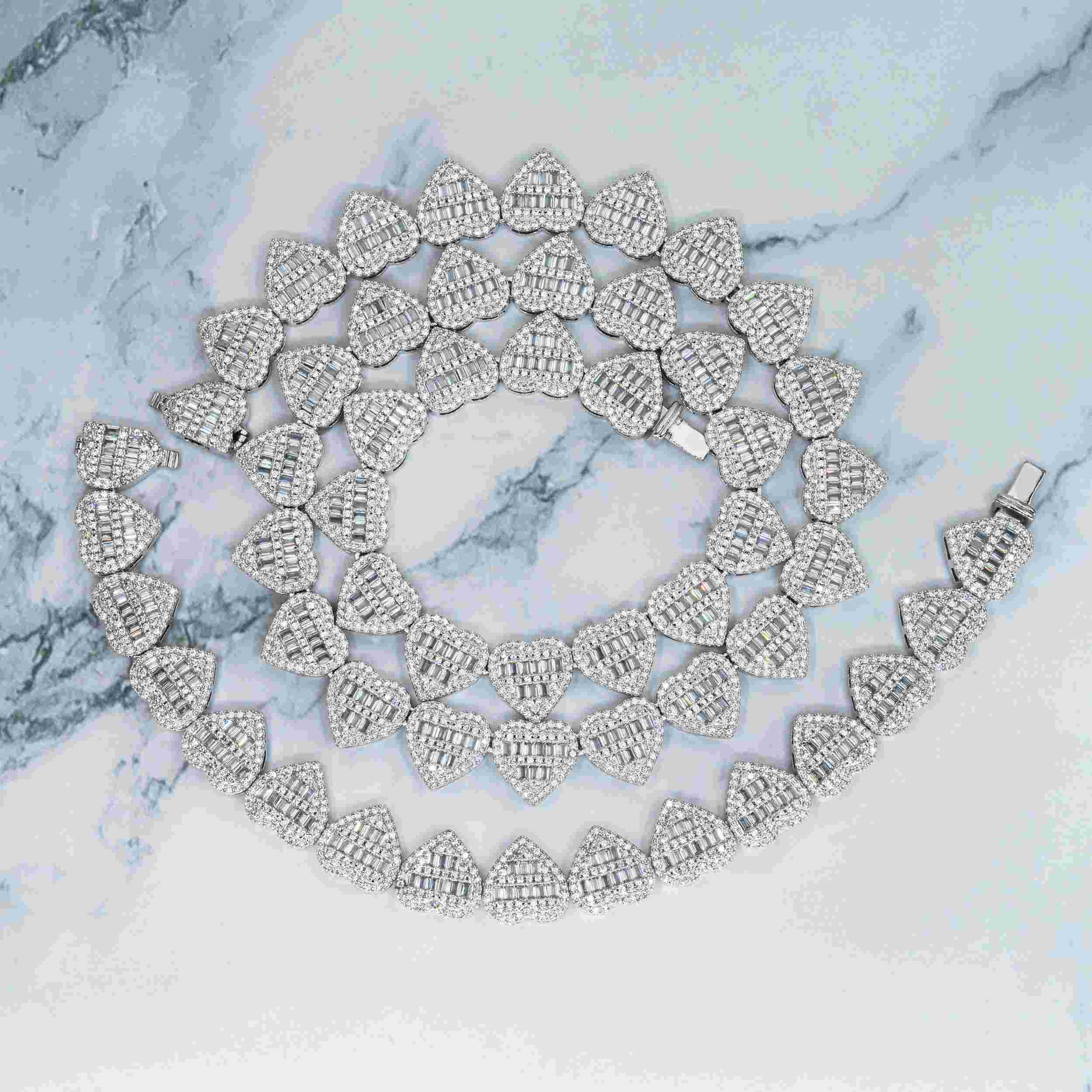 13MM S925 Silver Heart Shape Hip Hop Iced Out VVS Moissanite Baguette Diamond Cuban Chain