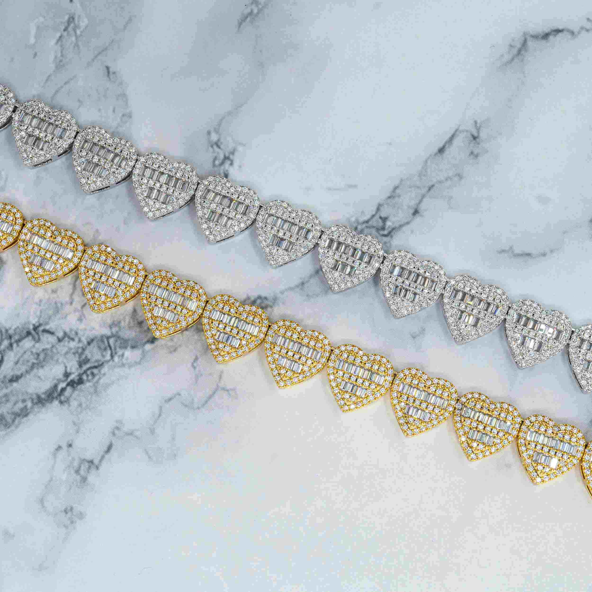 13MM S925 Silver Heart Shape Hip Hop Iced Out VVS Moissanite Baguette Diamond Cuban Chain
