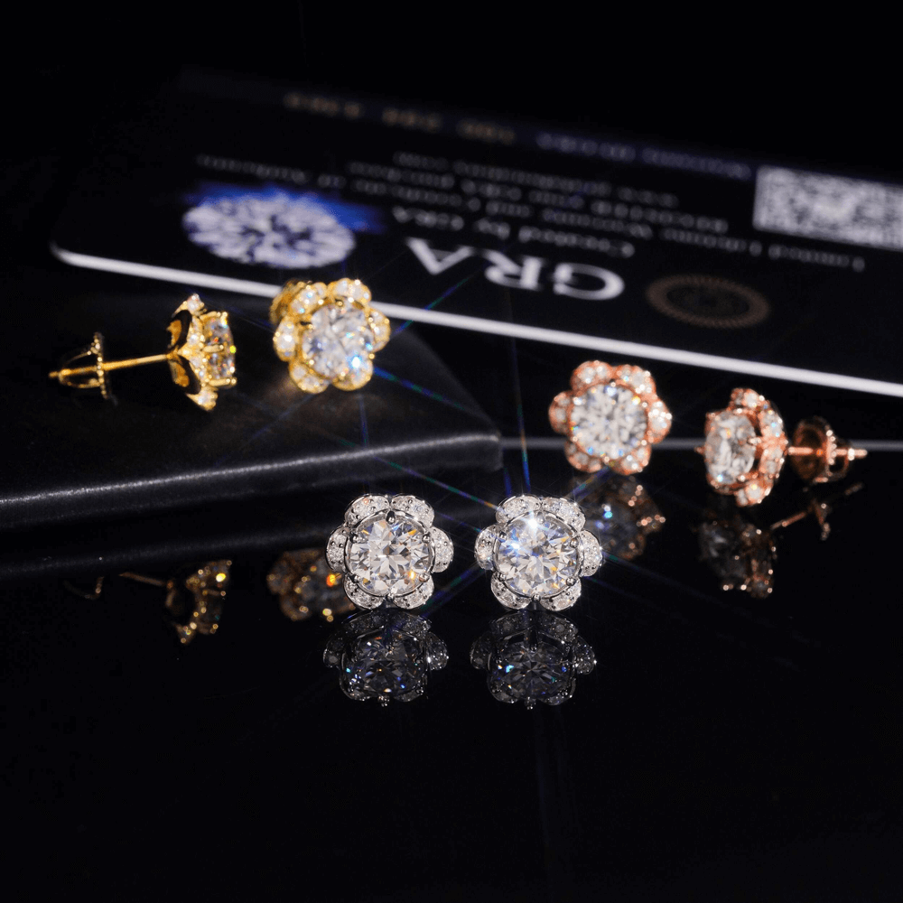 GL Hiphop Jewelry  925 Sterling Silver VVS Round Cut Emerald Cut Moissanite Stud Flower Shape Earring