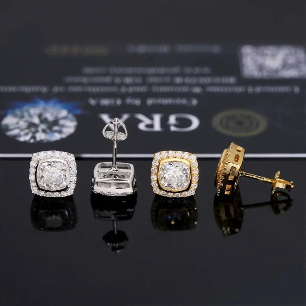 GL Hiphop Jewelry  925 Sterling Silver VVS Round Cut Moissanite Stud Square Shape Earring