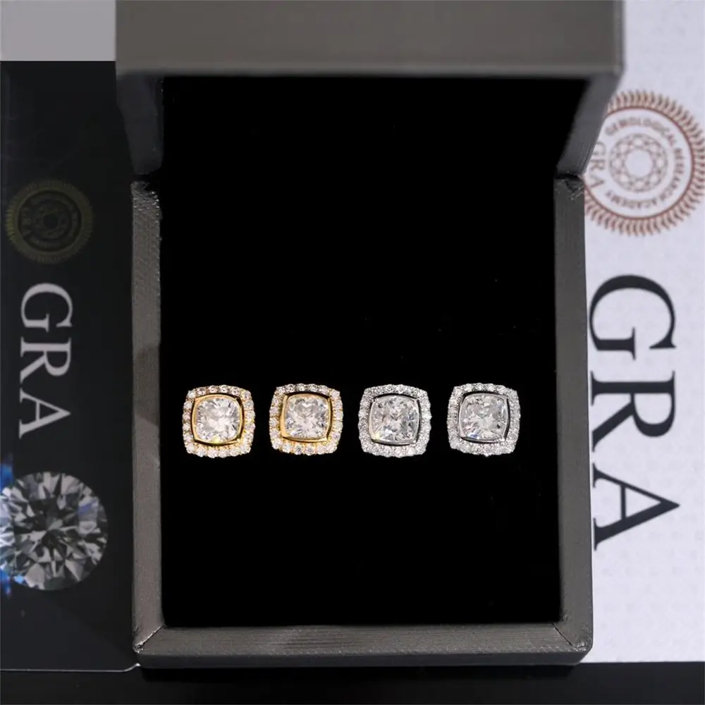 GL Hiphop Jewelry  925 Sterling Silver VVS Round Cut Moissanite Stud Square Shape Earring