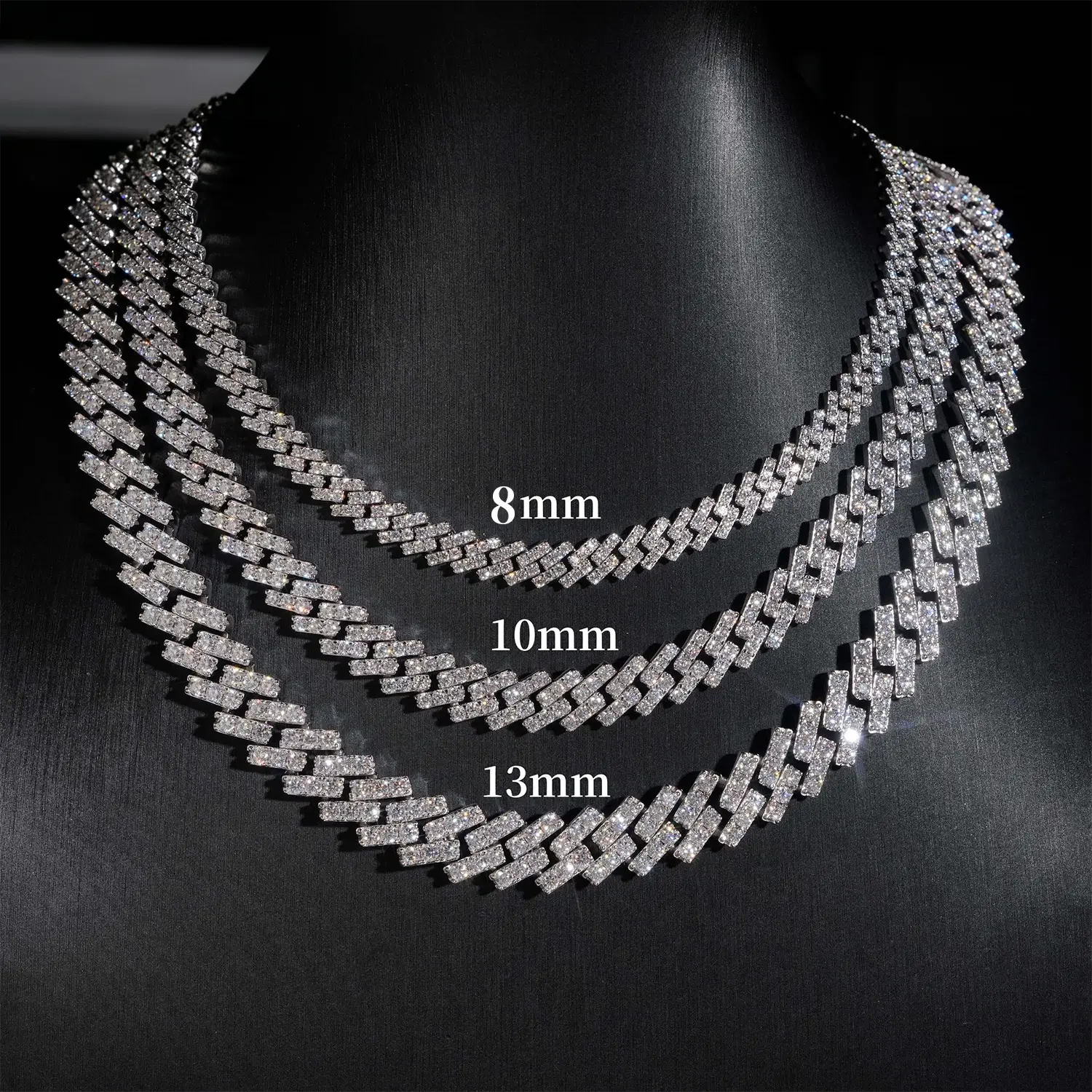 8MM 10MM 13MM S925 Silver 1 Rows VVS Moissanite Cuban Chain