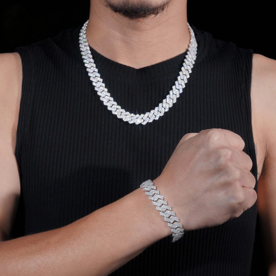 13MM S925 Silver 2 Rows VVS Moissanite Iced Out Cuban Link Chain Bracelet Necklace Main image