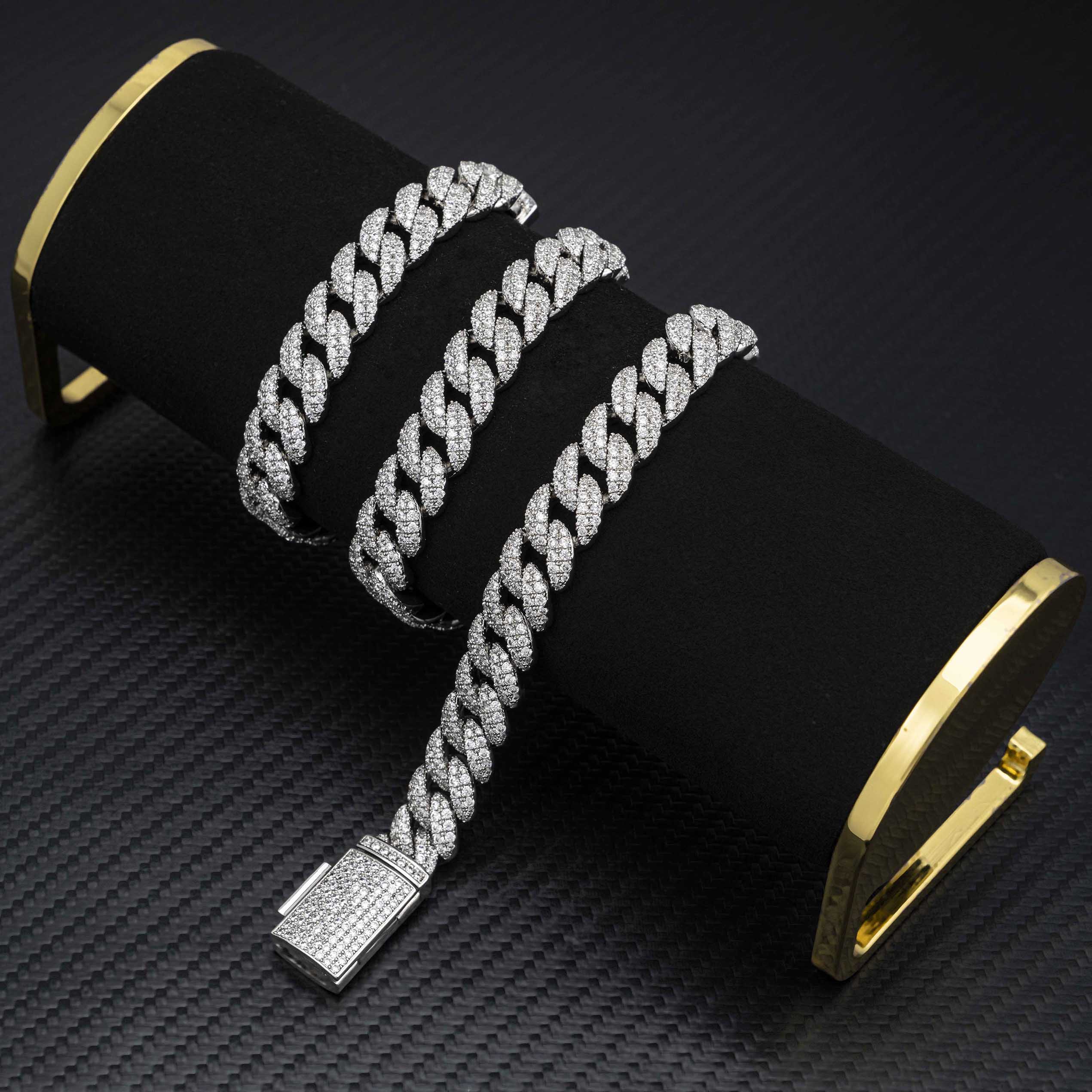 12MM S925 Silver 2 Rows Micro Paved VVS Moissanite Iced Out Cuban Link Chain Necklace