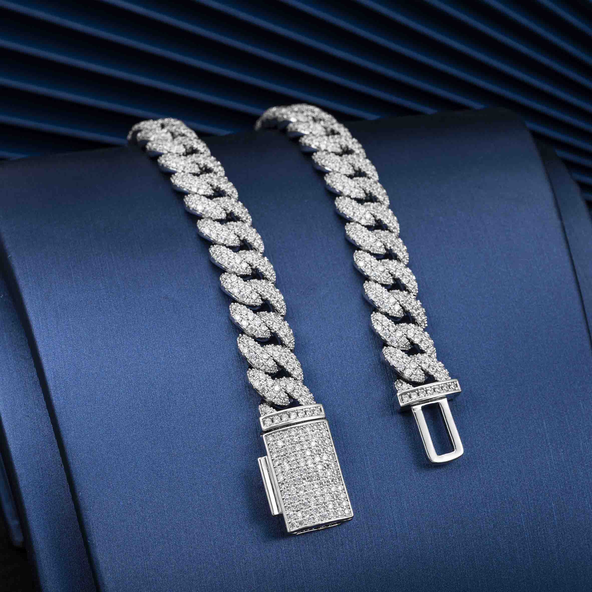 12MM S925 Silver 2 Rows Micro Paved VVS Moissanite Iced Out Cuban Link Chain Necklace