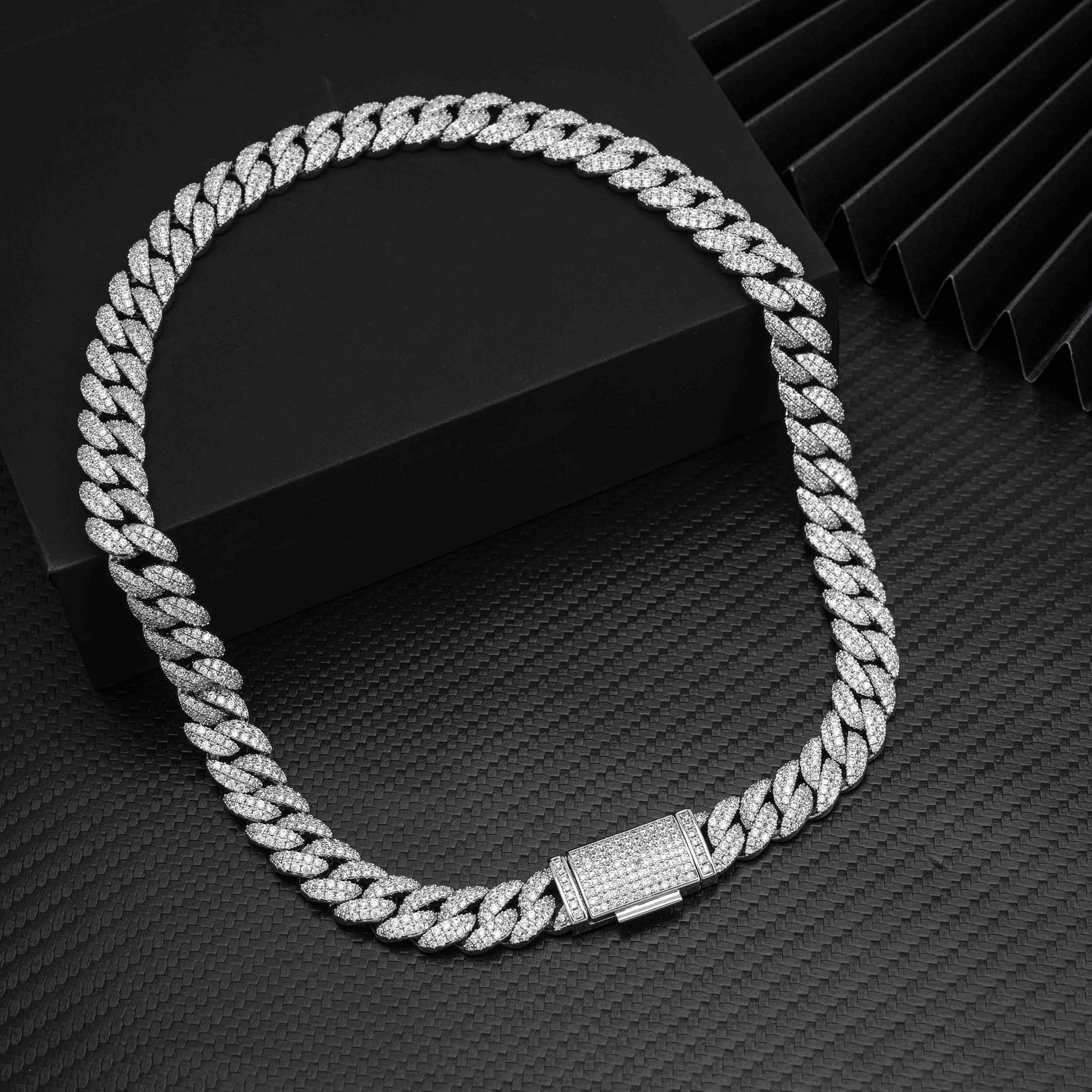 12MM S925 Silver 2 Rows Micro Paved VVS Moissanite Iced Out Cuban Link Chain Necklace