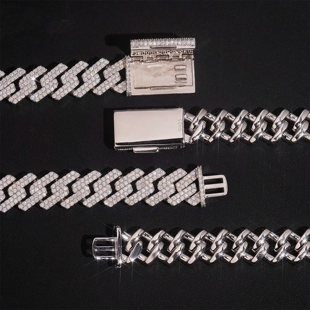 13.5MM/15MM S925 Silver 2 Rows VVS Moissanite Edge Cuban Link Chain
