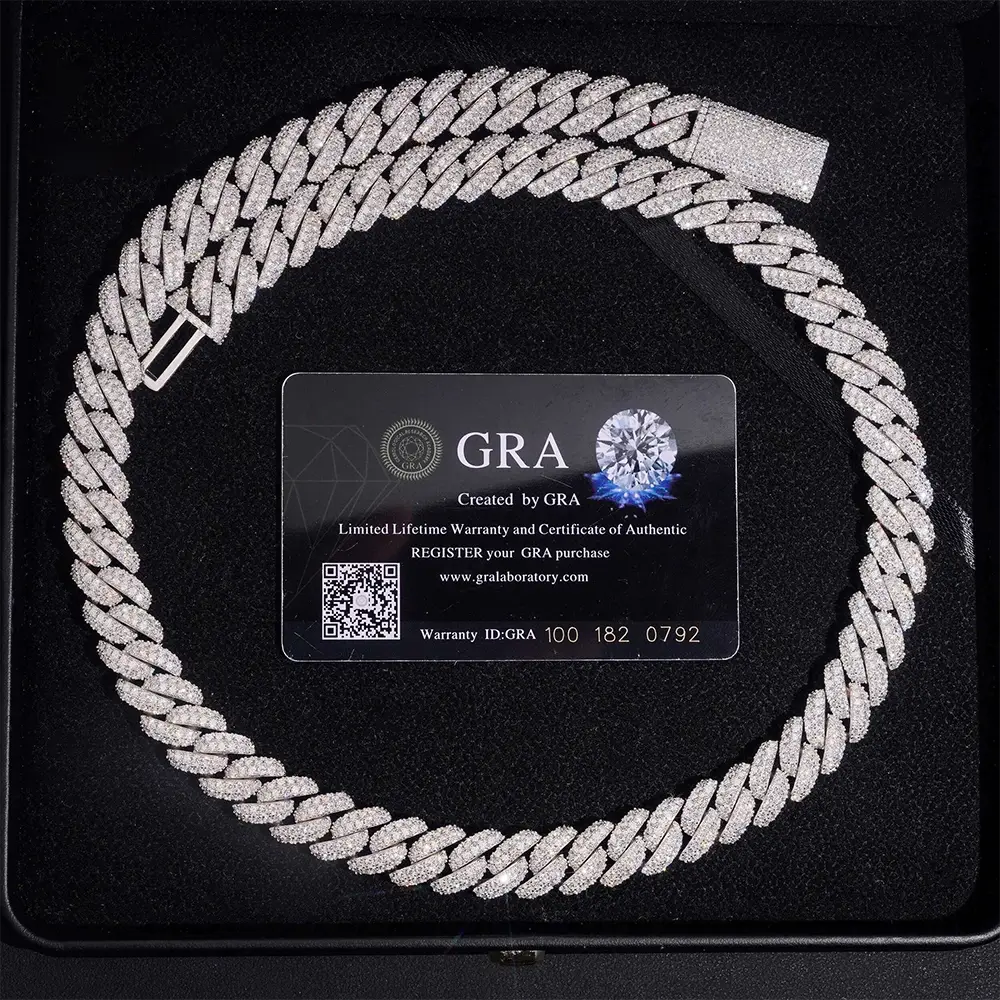 13MM S925 Silver 2 Rows VVS Moissanite Miami Cuban Link Chain