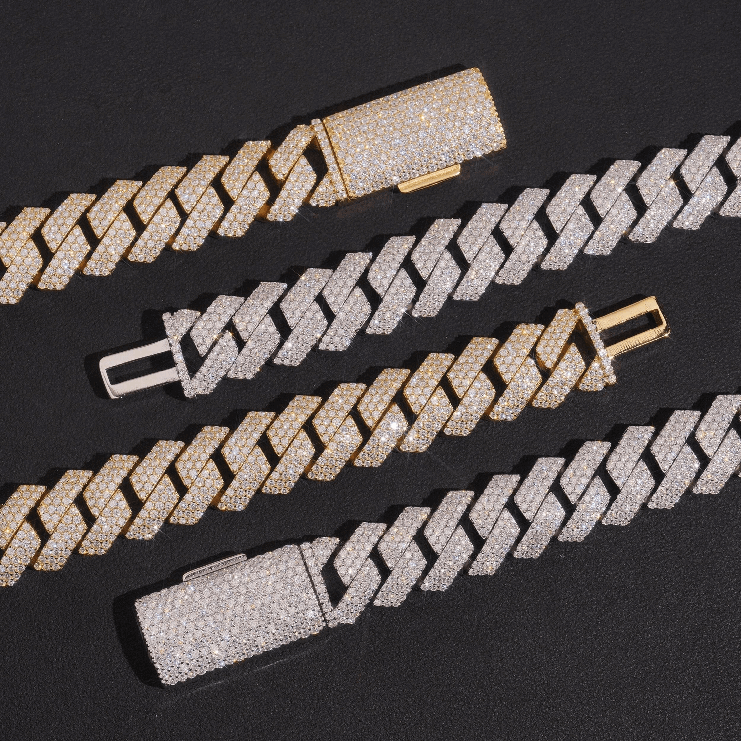 Diamond-encrusted gold and silver Cuban link bracelets on black background