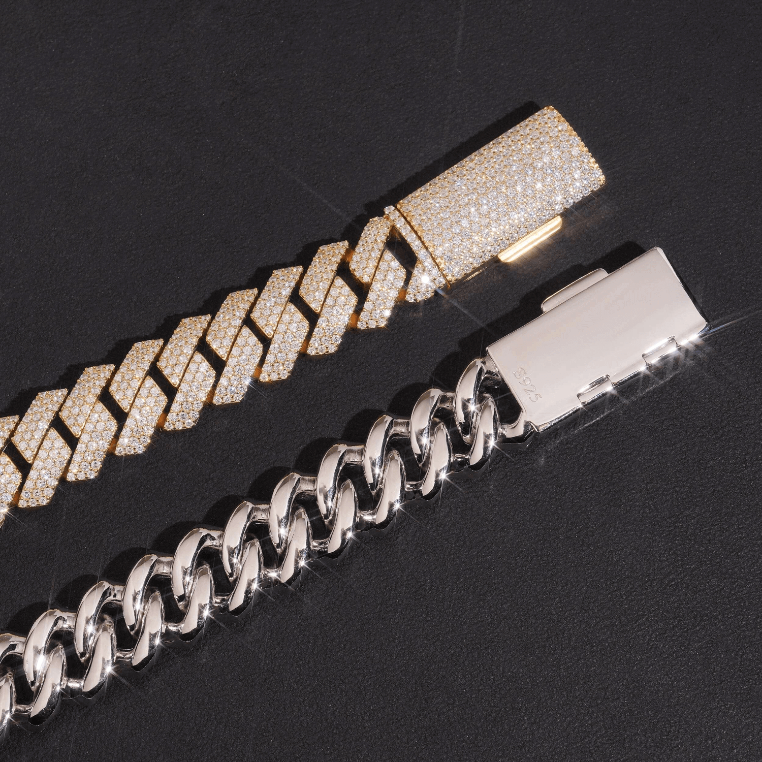 Gold and silver Cuban link bracelets with cubic zirconia on black background