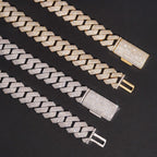 Three iced out Cuban link bracelets in gold and silver on black background