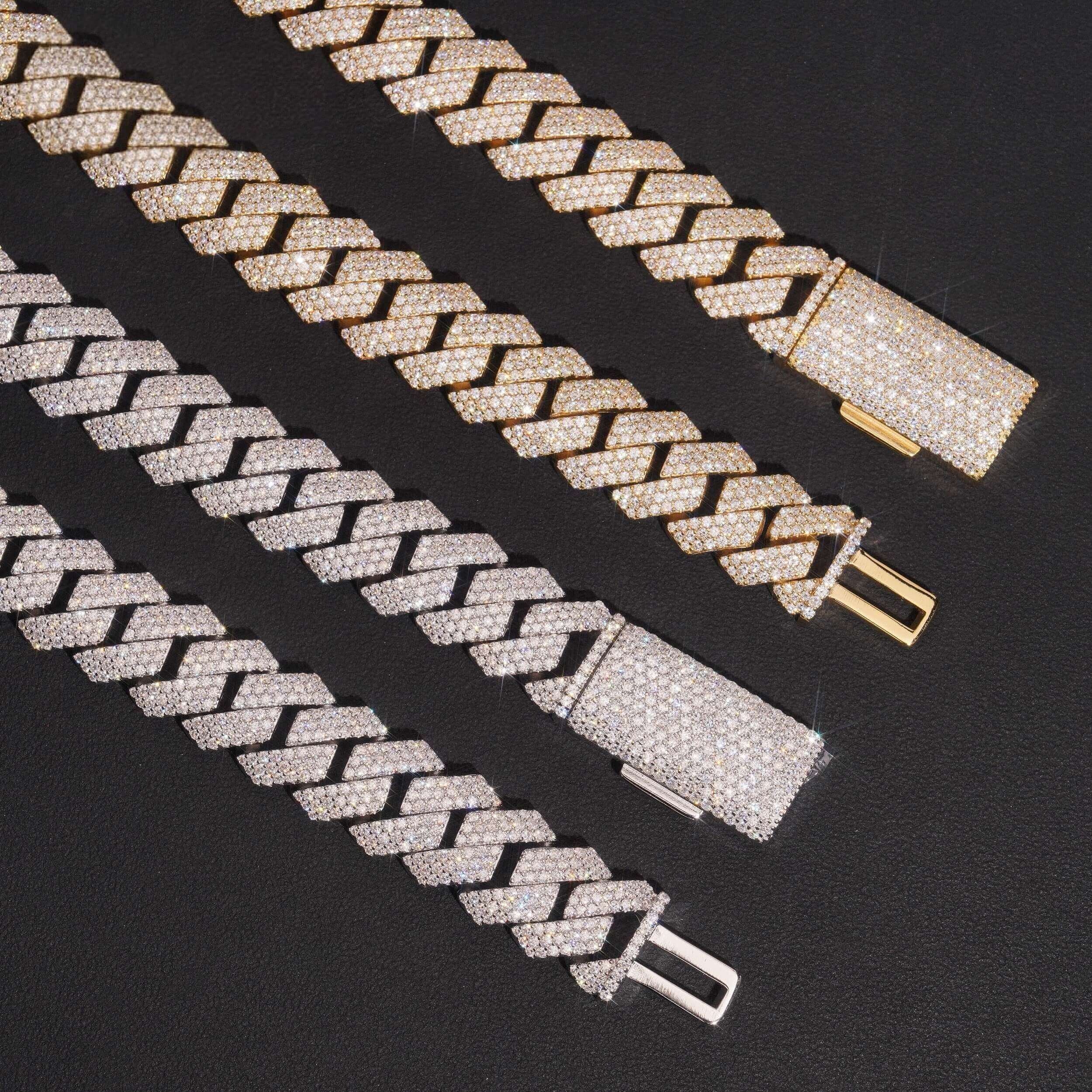 Three iced out Cuban link bracelets in gold and silver on black background