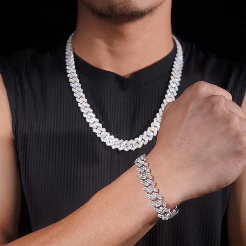 12MM S925 Silver 2 Rows VVS Moissnaite Edge Cuban Link Chain